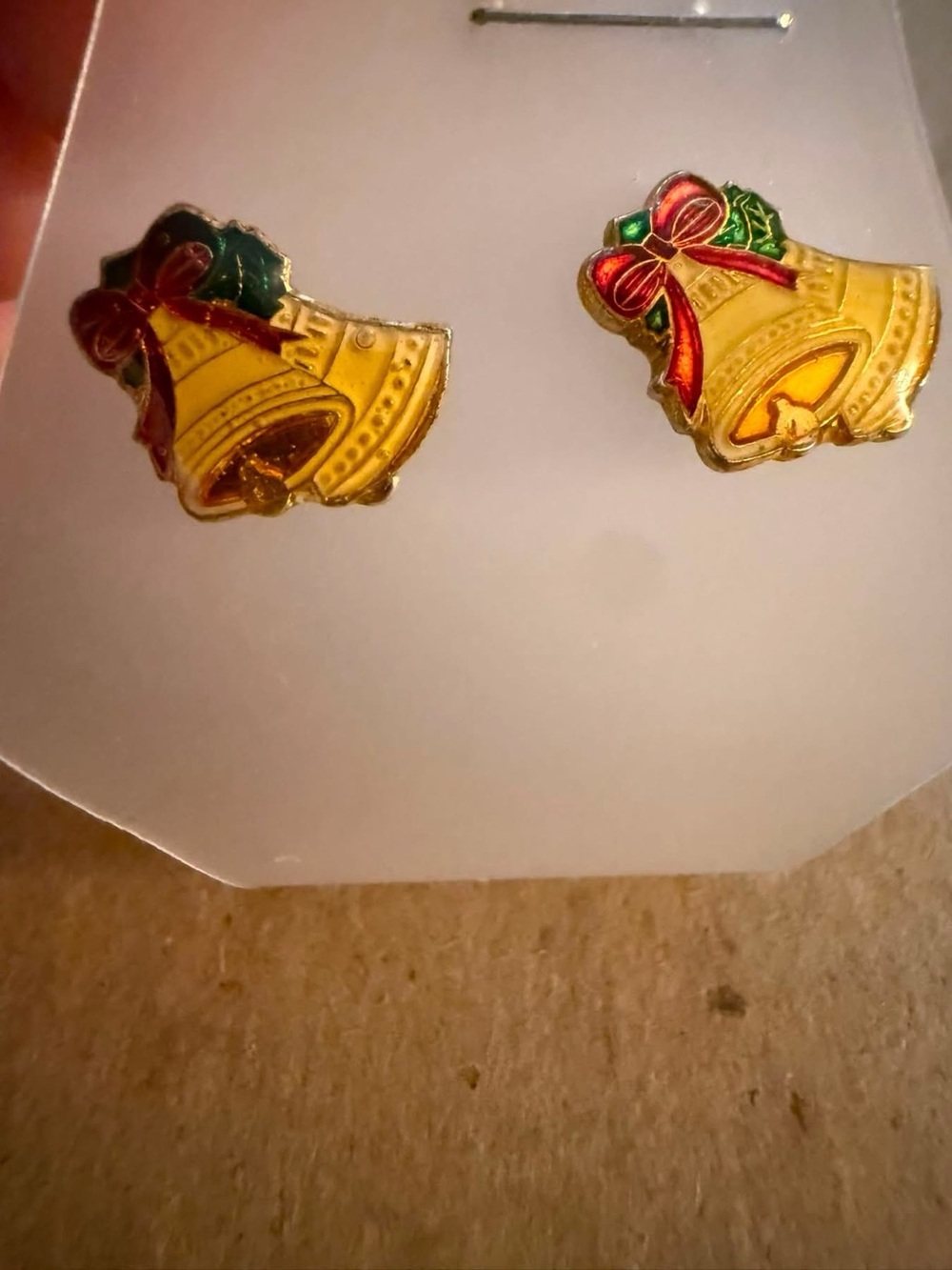 Gold-tone Holiday Bell Stud Earrings with Red Bow and Green Holly